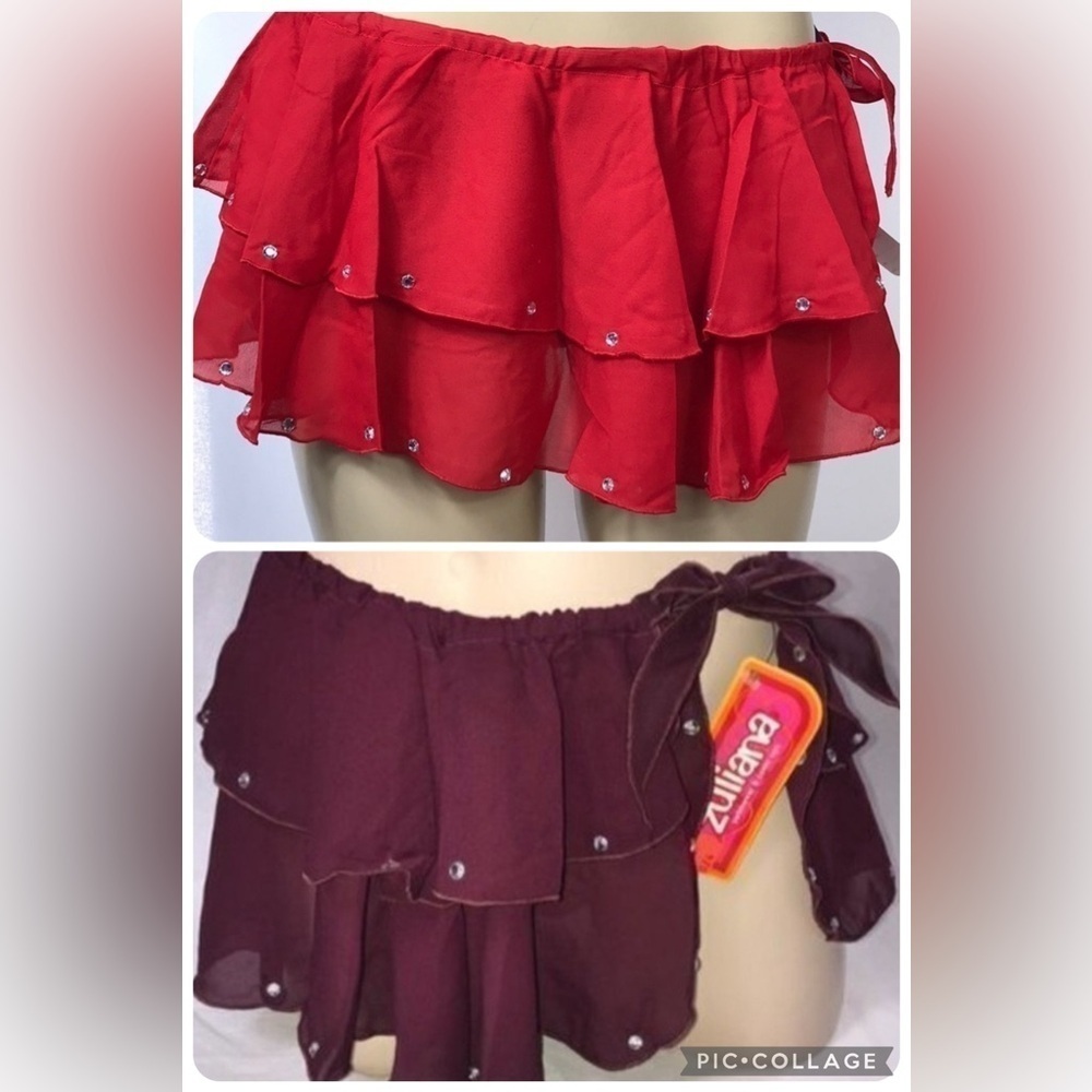 Zuliana Size Small Burgundy & Red Bedazzled Ruffle Side Tie Skirt. New With Tags